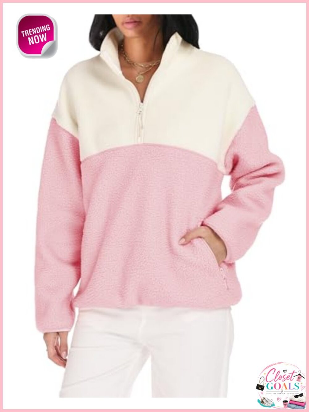 Womens Colorblock Fleece Jacket Hiking Sherpa Pullover Sweatshirt